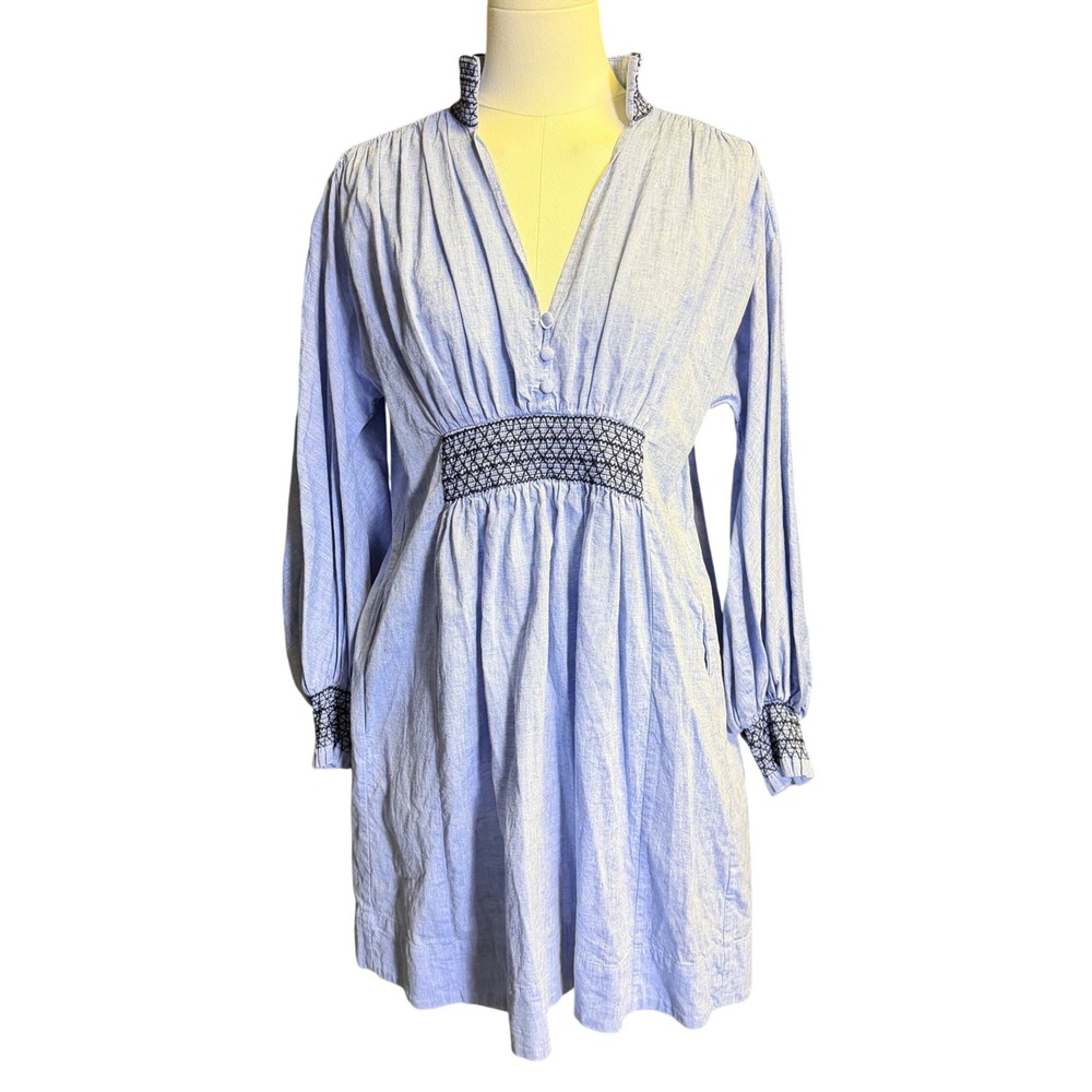 Tuckernuck Smocked Mini Dress Womens S Blue Good Cotton Linen Long Sleeve Boho